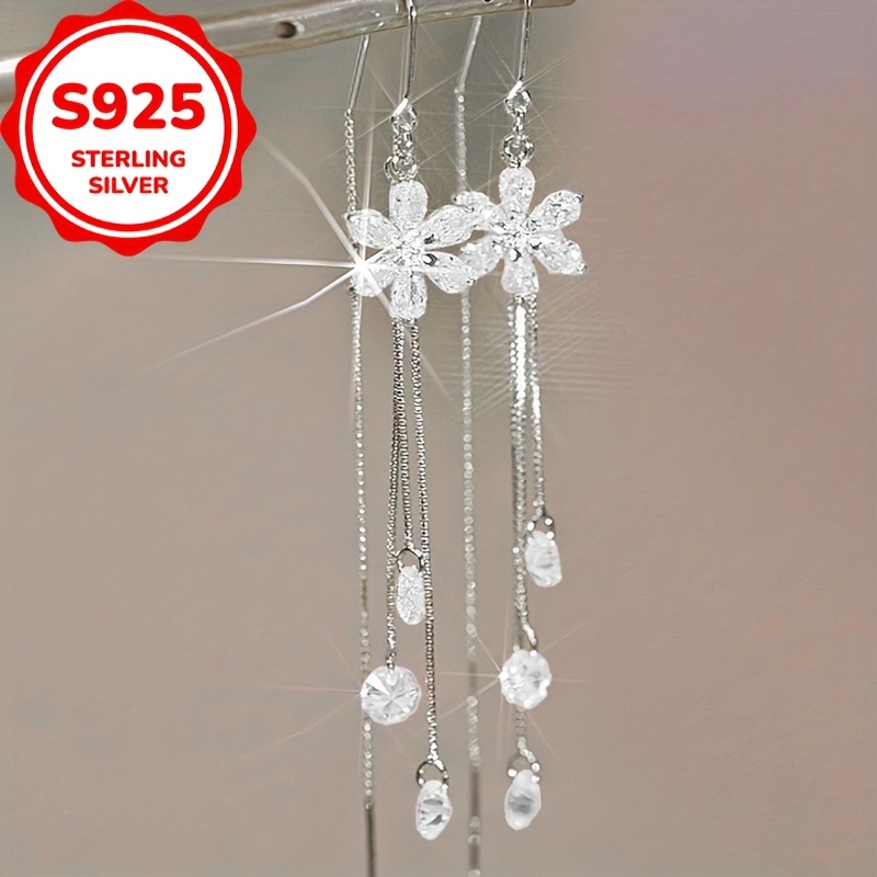 S925 Sterling Silver Flower Long Tassel Pendant Earrings